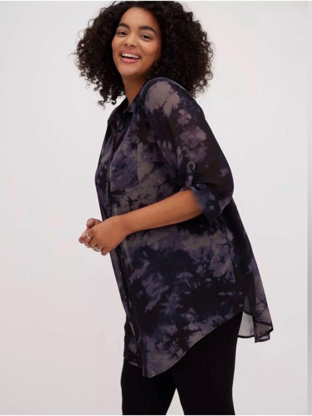Torrid Women's Black & Gray Tie-Dye Button-Front Sheer Tunic Top